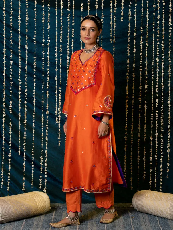 Hunar - Orange Embroidered  Chanderi Silk Kurta Set (Set of 3)