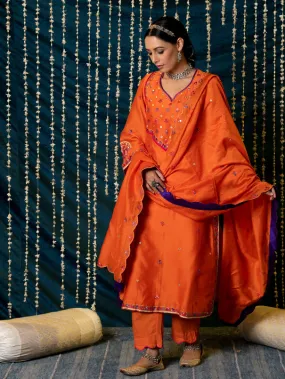 Hunar - Orange Embroidered  Chanderi Silk Kurta Set (Set of 3)