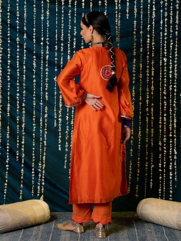 Hunar - Orange Embroidered  Chanderi Silk Kurta Set (Set of 3)