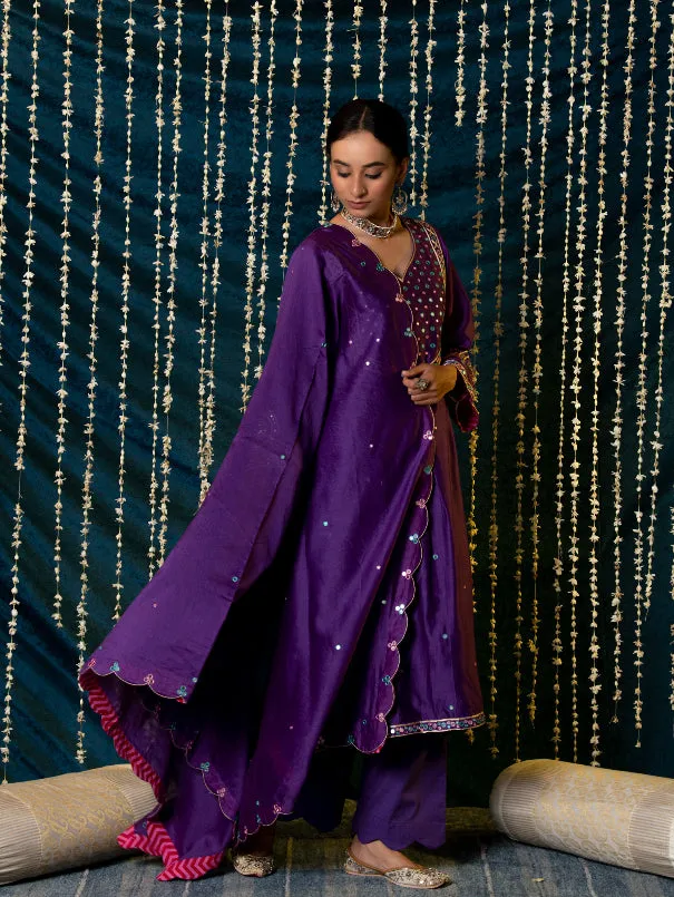 Hunar - Purple Embroidered  Chanderi Silk Kurta Set (Set of 3)