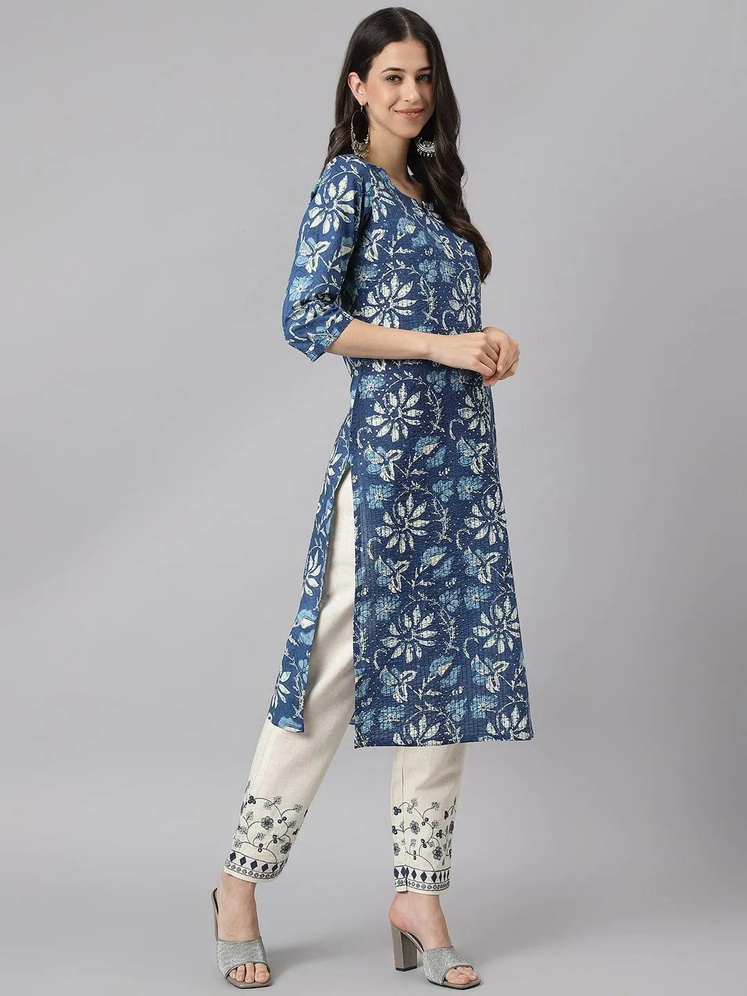 Indigo Floral Cotton Kurta Pant Set With Dupatta