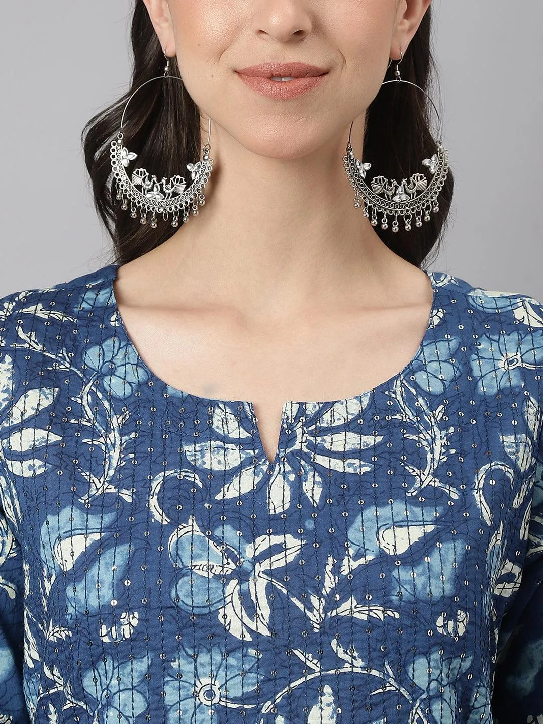 Indigo Floral Cotton Kurta Pant Set With Dupatta