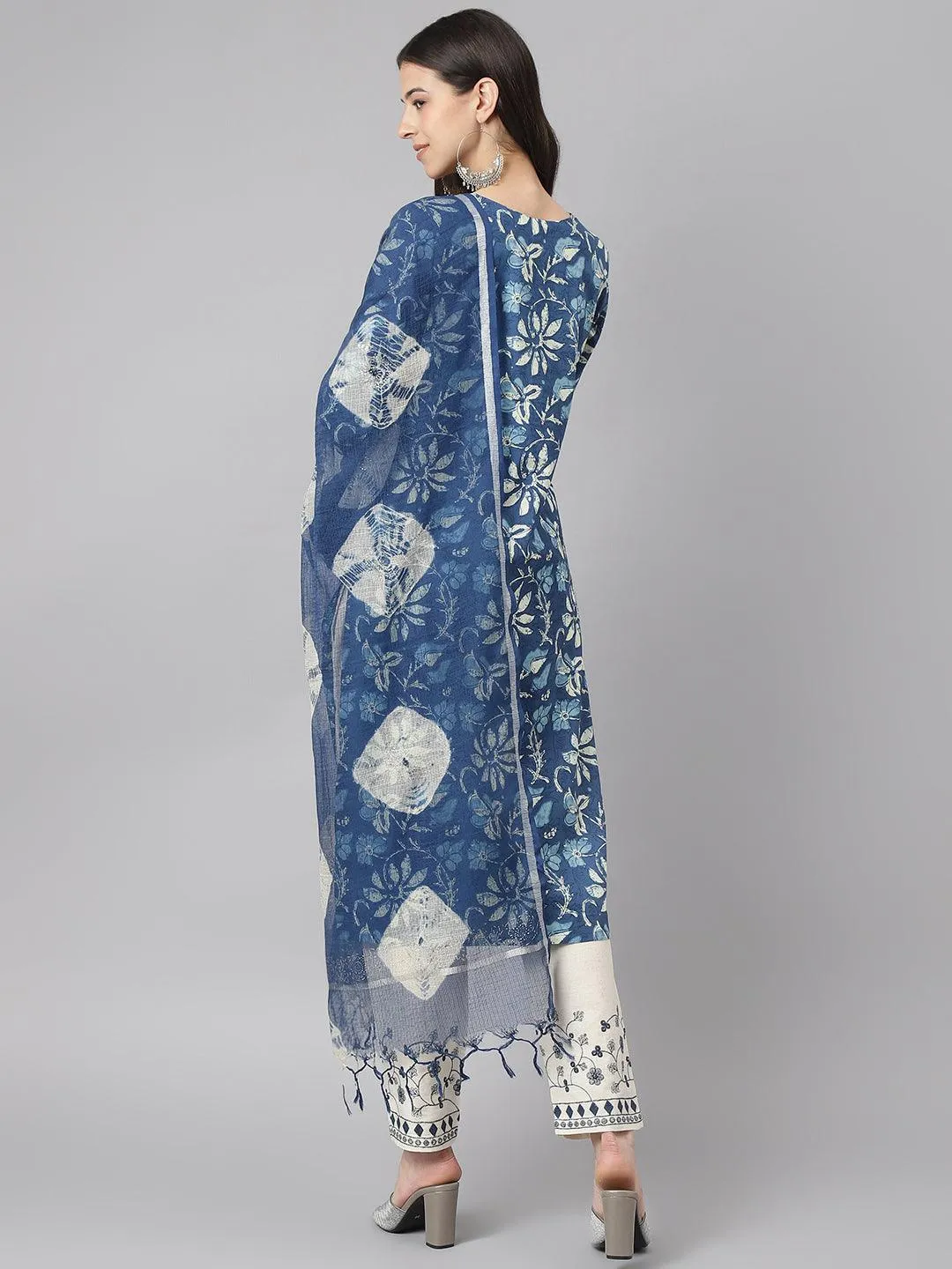 Indigo Floral Cotton Kurta Pant Set With Dupatta