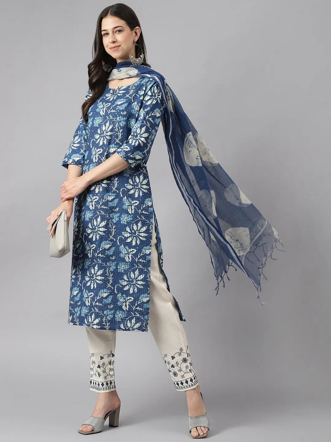 Indigo Floral Cotton Kurta Pant Set With Dupatta