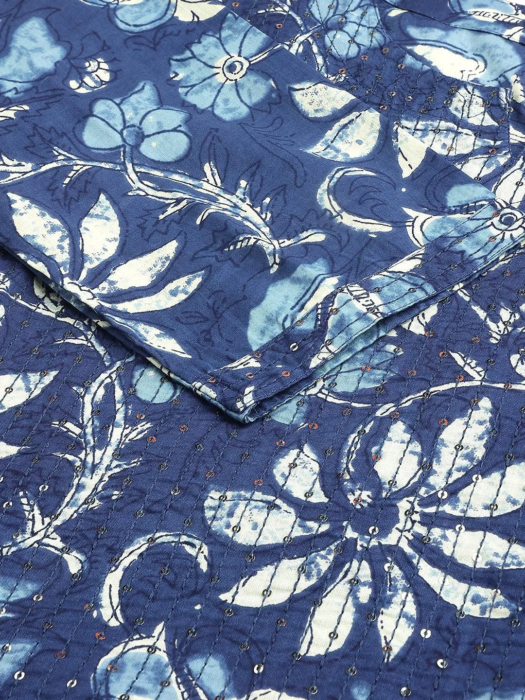 Indigo Floral Cotton Kurta Pant Set With Dupatta