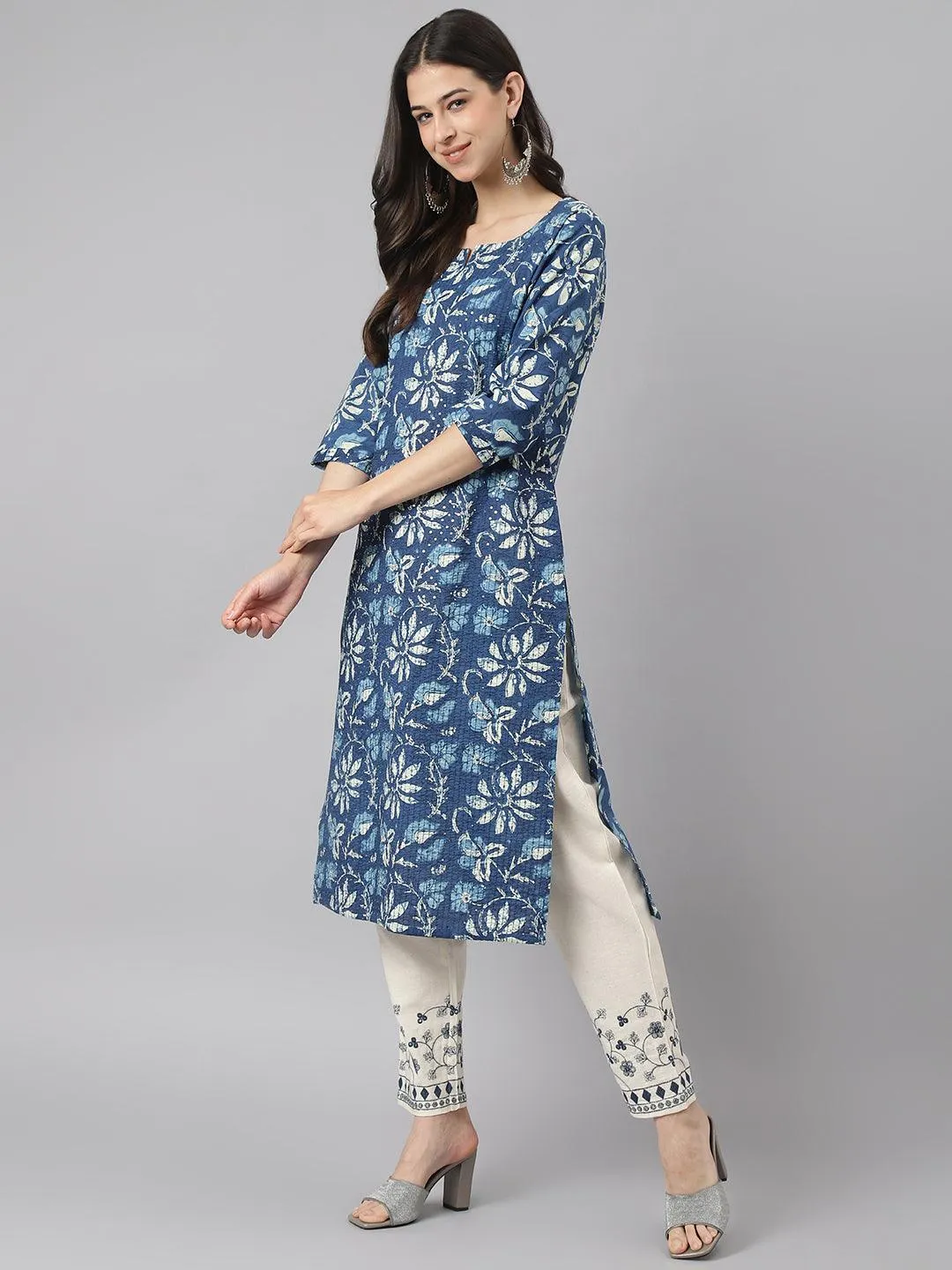 Indigo Floral Cotton Kurta Pant Set With Dupatta