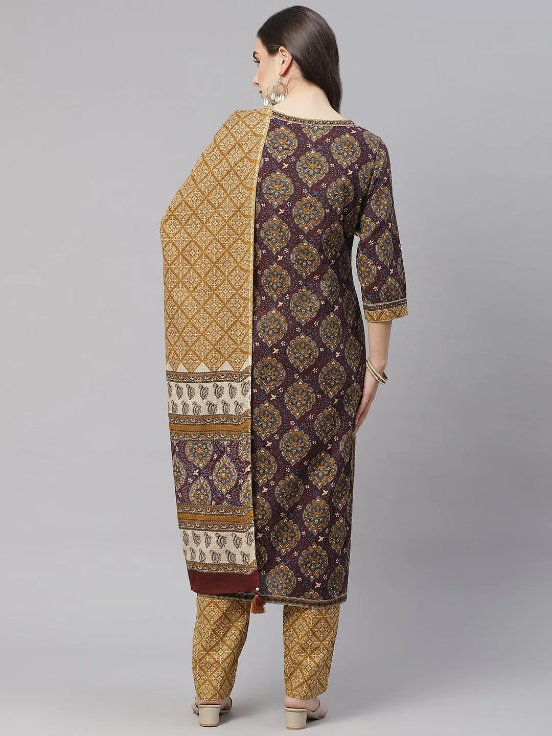 Jashvi  Brown Cotton Straight Kurta Pant Set With Dupatta