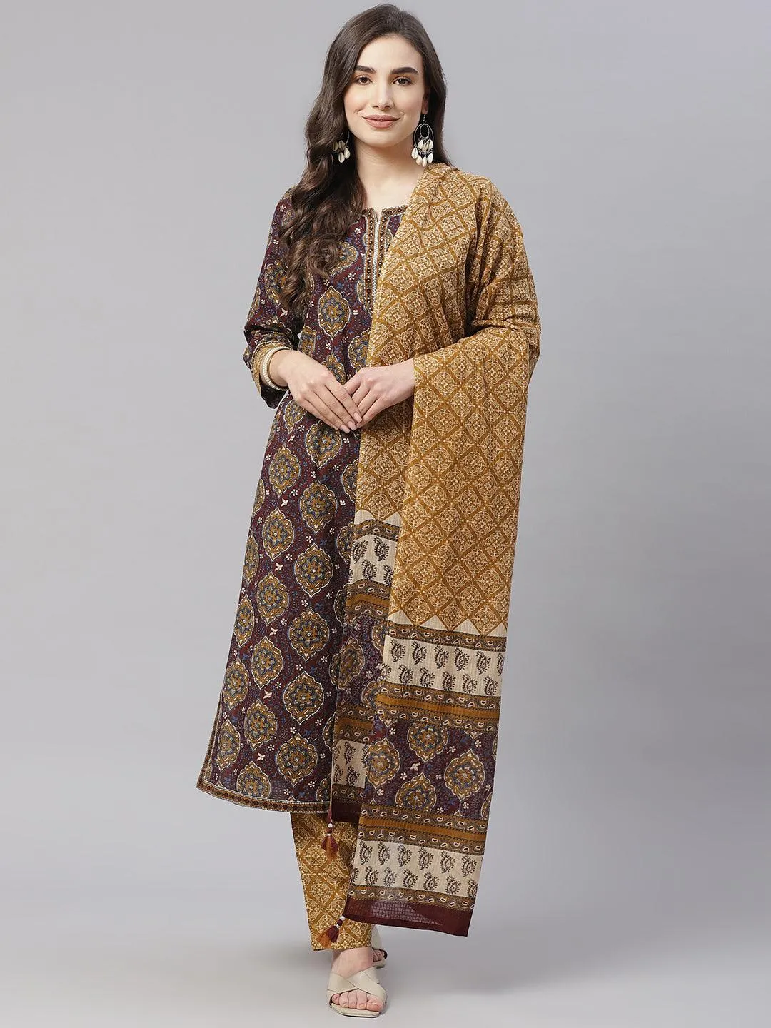 Jashvi  Brown Cotton Straight Kurta Pant Set With Dupatta