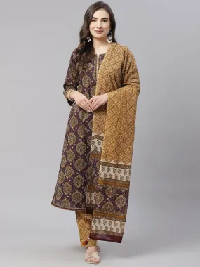 Jashvi  Brown Cotton Straight Kurta Pant Set With Dupatta