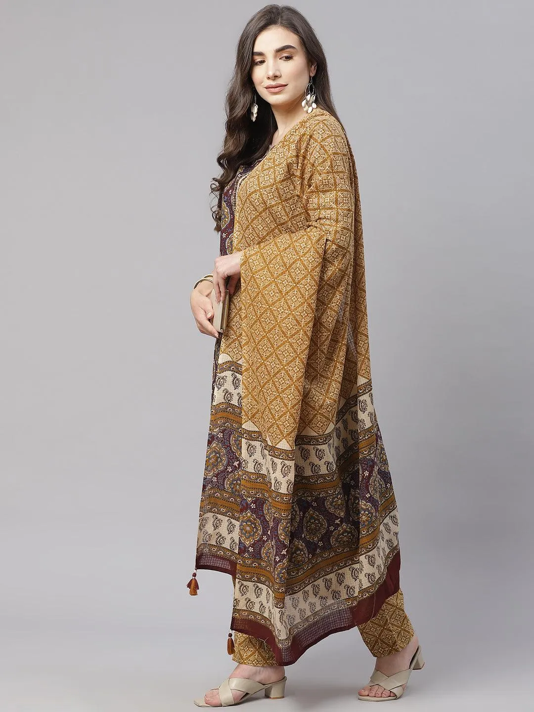 Jashvi  Brown Cotton Straight Kurta Pant Set With Dupatta