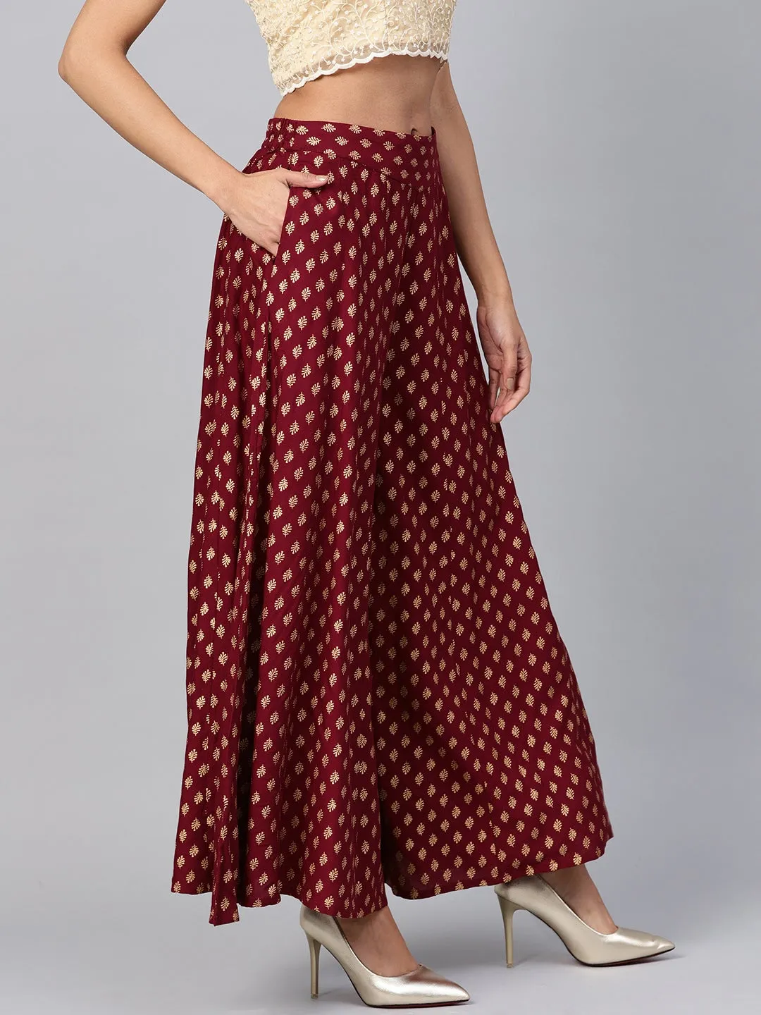 Jashvi Maroon Ethnic Motif Printed Rayon Flared Women Palazzo With One Pocket