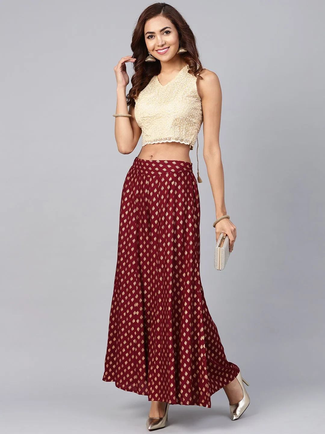 Jashvi Maroon Ethnic Motif Printed Rayon Flared Women Palazzo With One Pocket