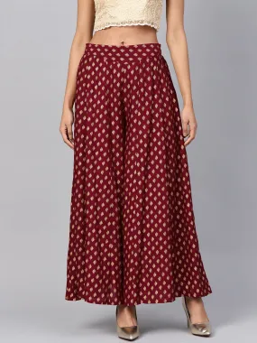 Jashvi Maroon Ethnic Motif Printed Rayon Flared Women Palazzo With One Pocket