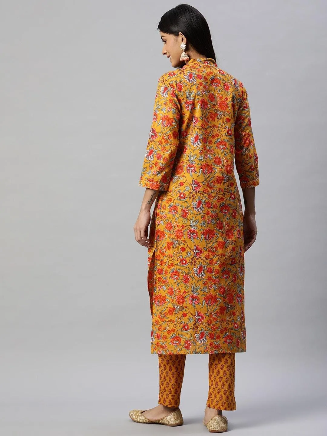 Jashvi Mustard Cotton Floral Printed Kurta Pant Set