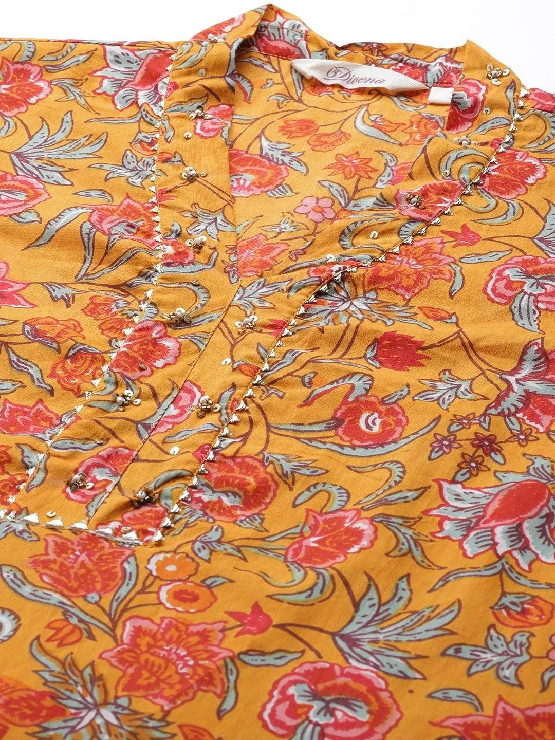 Jashvi Mustard Cotton Floral Printed Kurta Pant Set