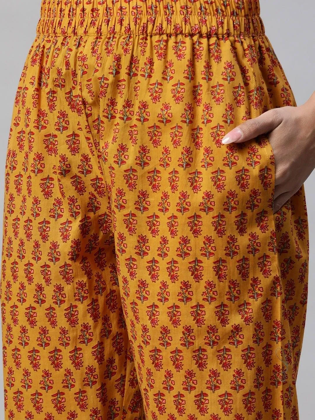 Jashvi Mustard Cotton Floral Printed Kurta Pant Set