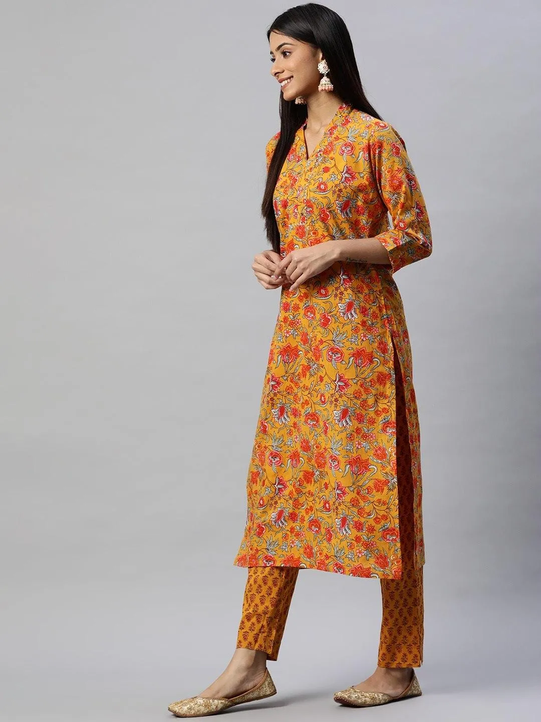 Jashvi Mustard Cotton Floral Printed Kurta Pant Set