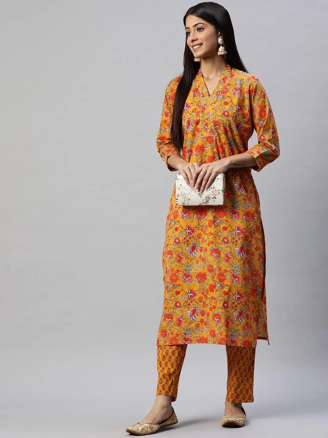 Jashvi Mustard Cotton Floral Printed Kurta Pant Set