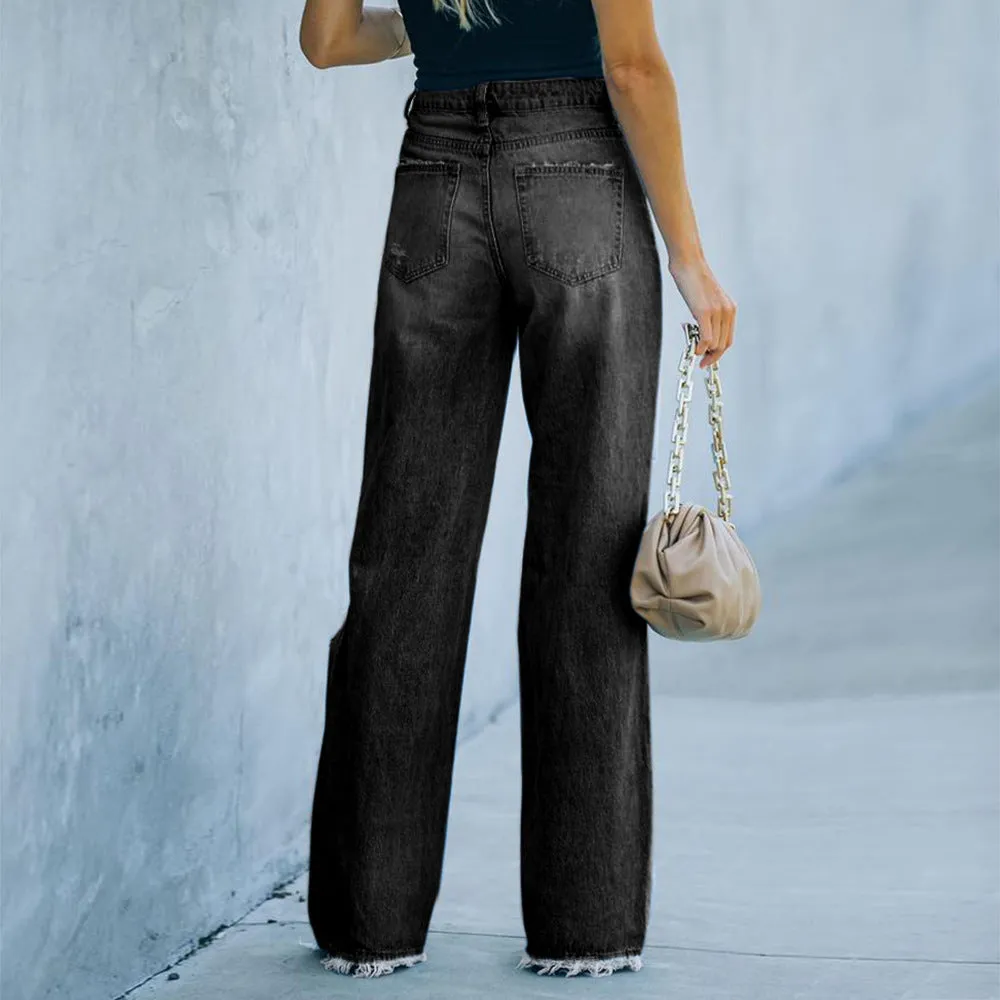 JuliaFashion - 2024 Women High Waist Jeans Flared Pants Street Wide Leg Pants