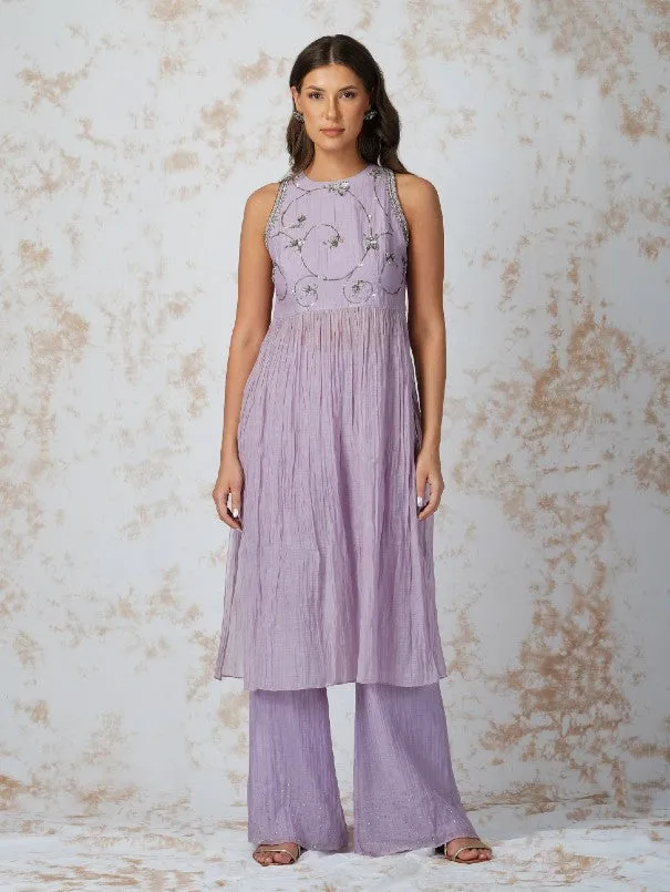 Lavender Antique Work Chanderi Gathered Tunic Set (Set of 2)