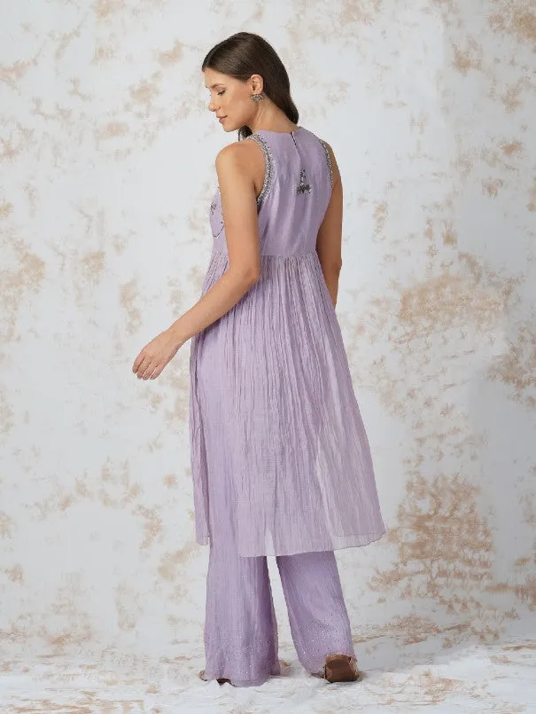 Lavender Antique Work Chanderi Gathered Tunic Set (Set of 2)