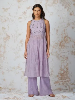 Lavender Antique Work Chanderi Gathered Tunic Set (Set of 2)
