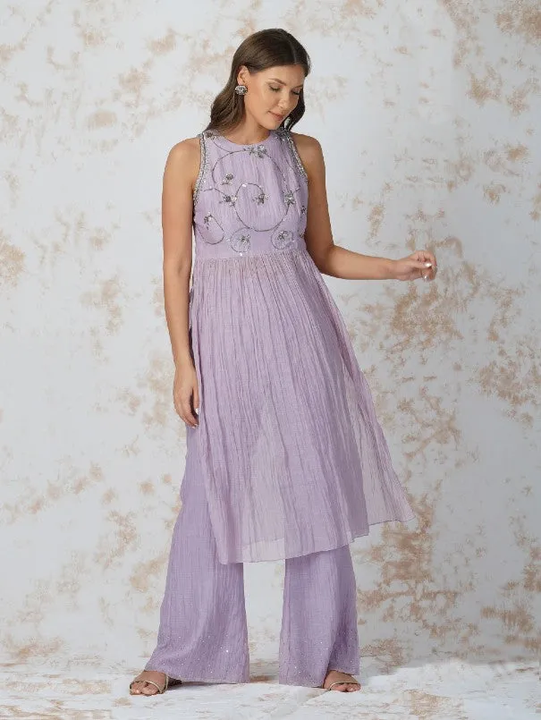 Lavender Antique Work Chanderi Gathered Tunic Set (Set of 2)