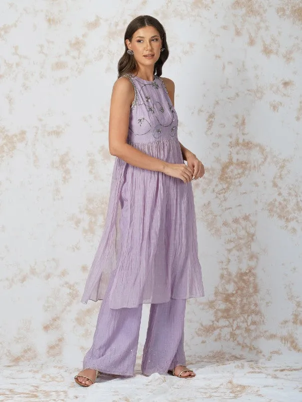 Lavender Antique Work Chanderi Gathered Tunic Set (Set of 2)