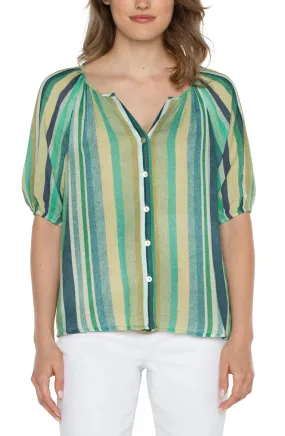Liverpool Short Sleeve Button Front Shirred Woven Top (Teal Multi Stripe)