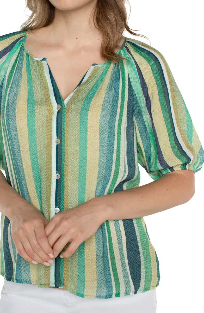 Liverpool Short Sleeve Button Front Shirred Woven Top (Teal Multi Stripe)
