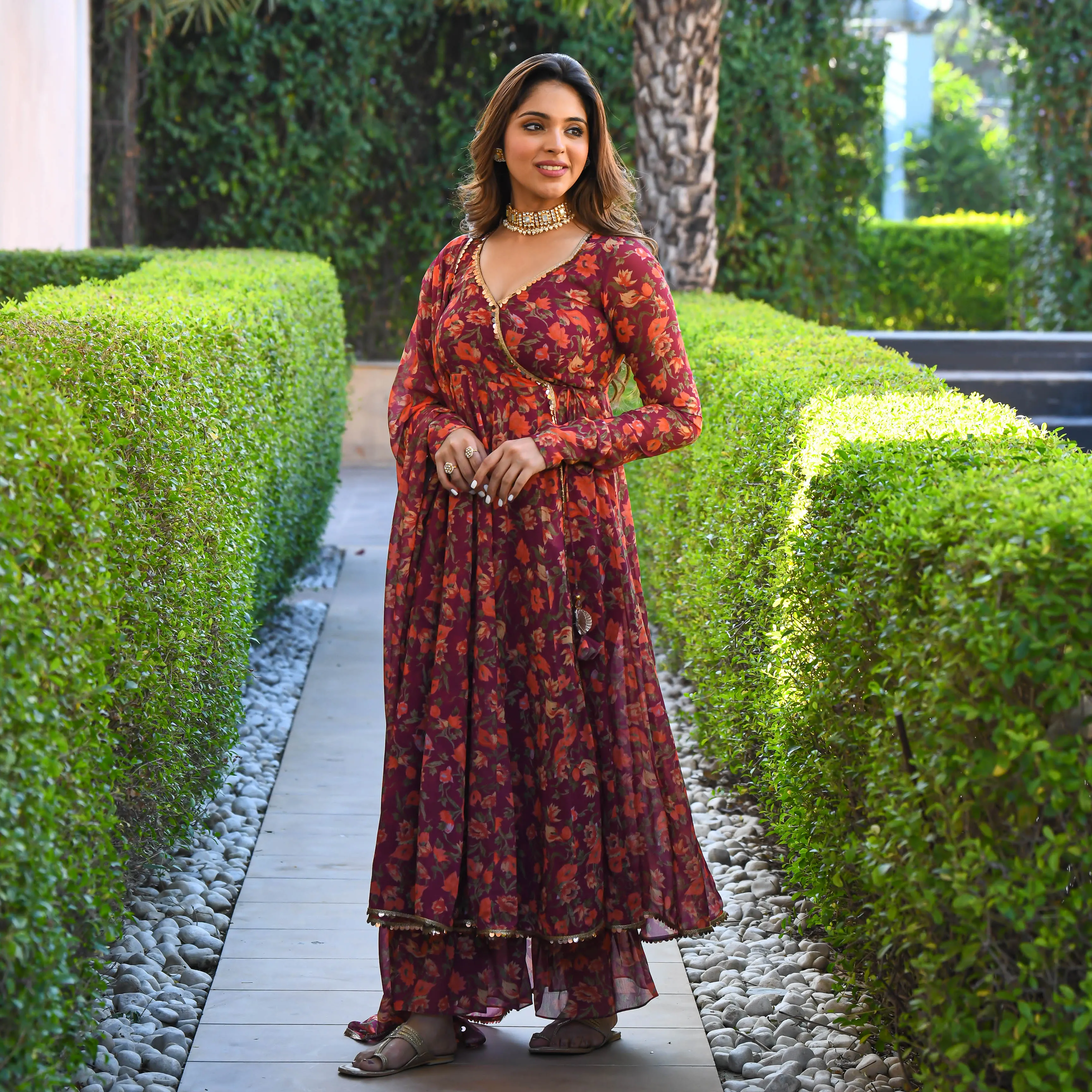 Maroon Floral Print Georgette Salwar Suit