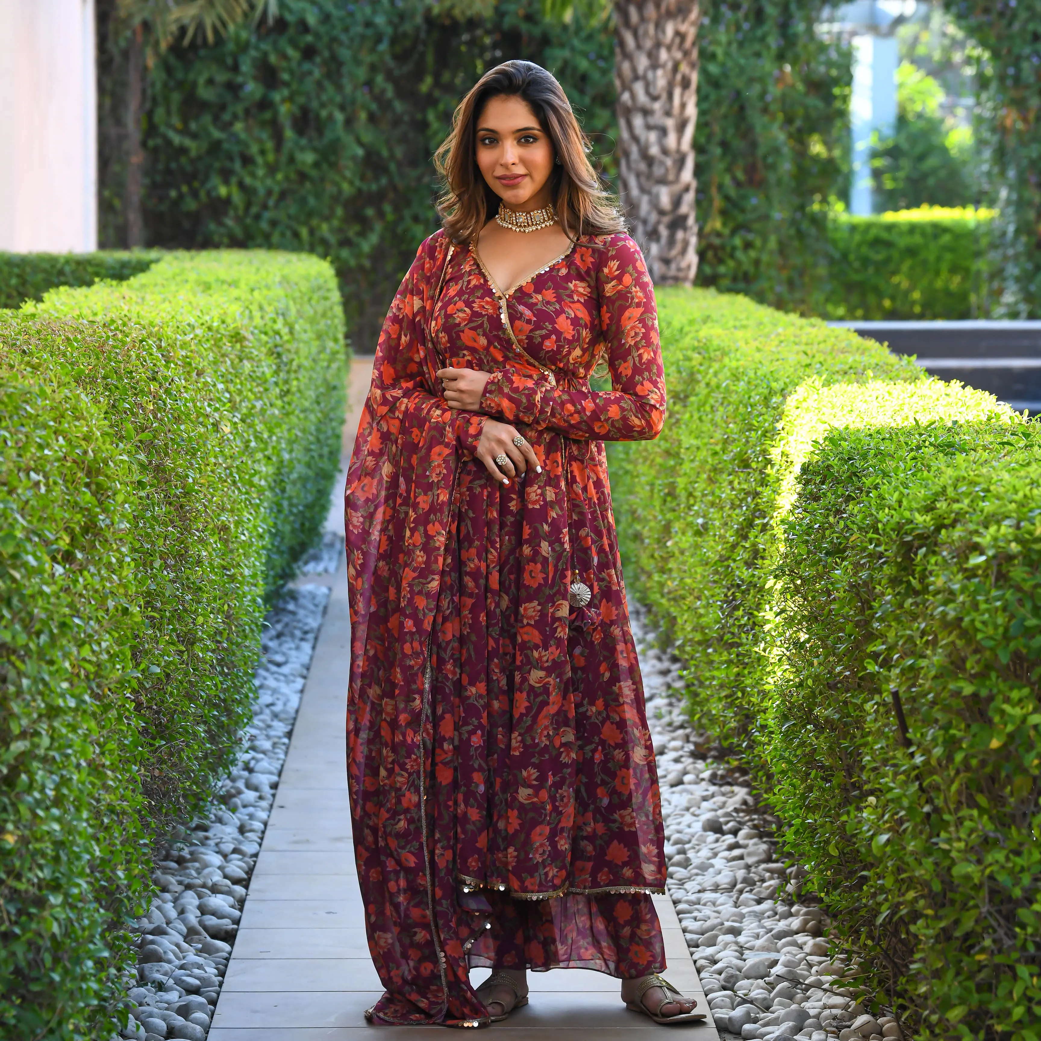 Maroon Floral Print Georgette Salwar Suit