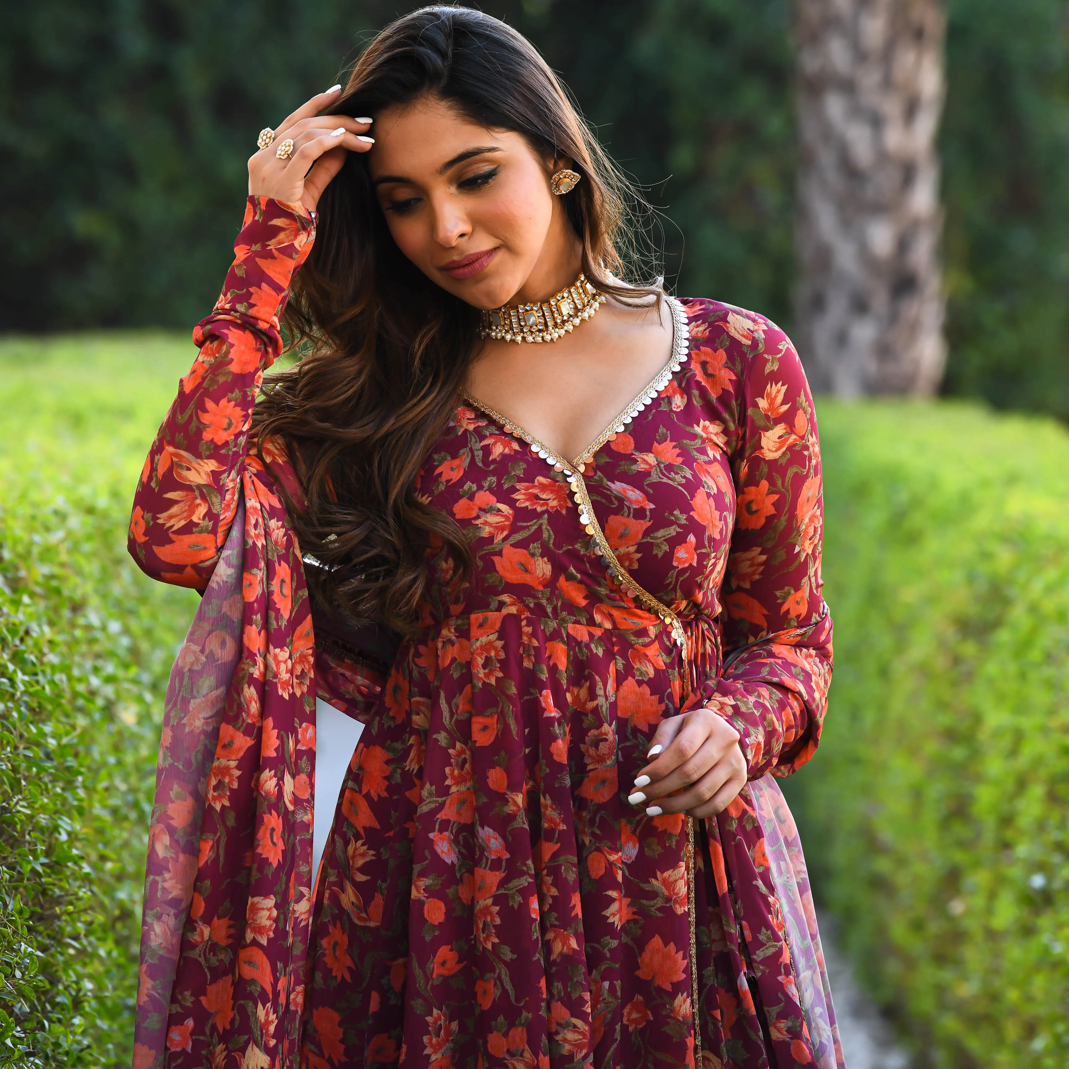 Maroon Floral Print Georgette Salwar Suit
