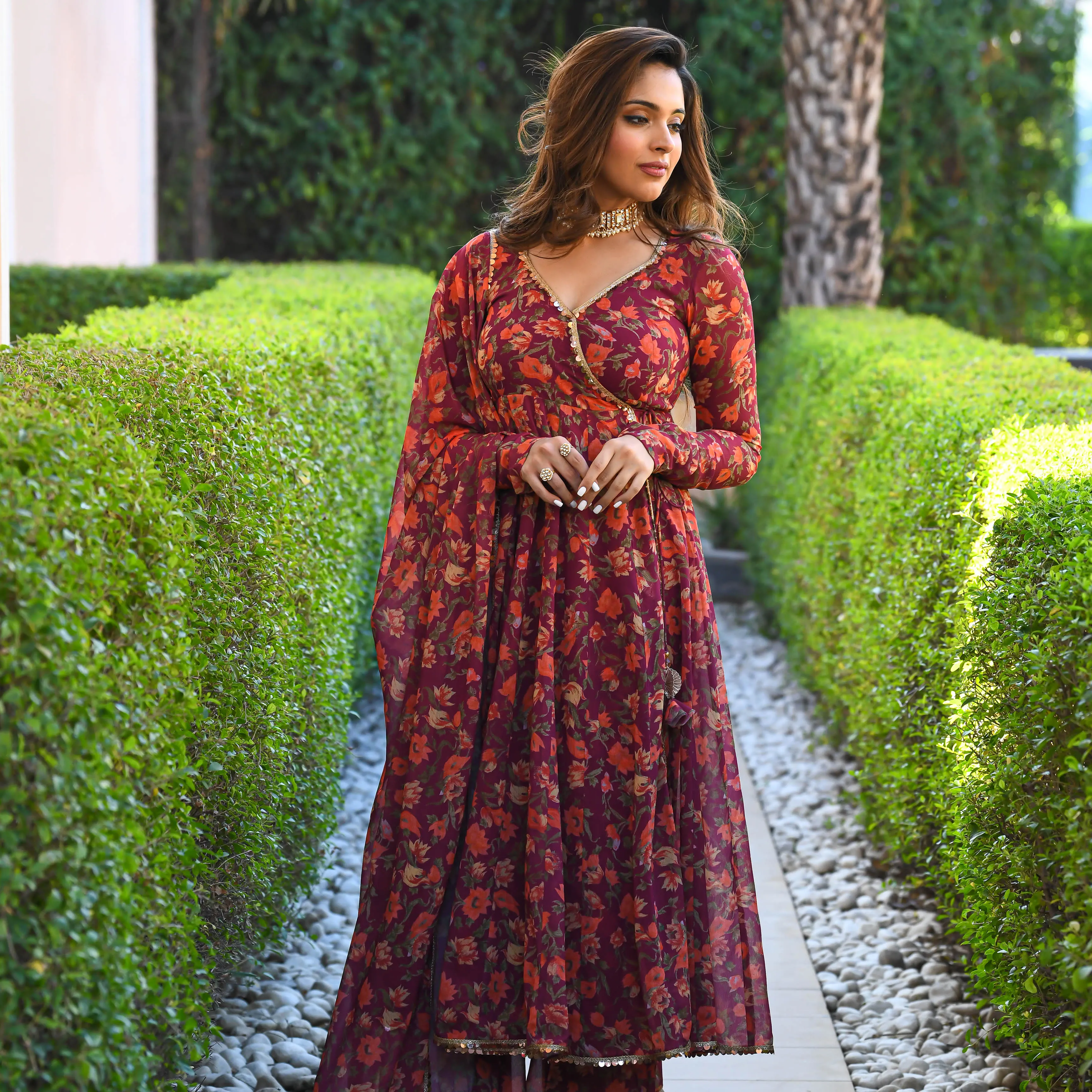 Maroon Floral Print Georgette Salwar Suit