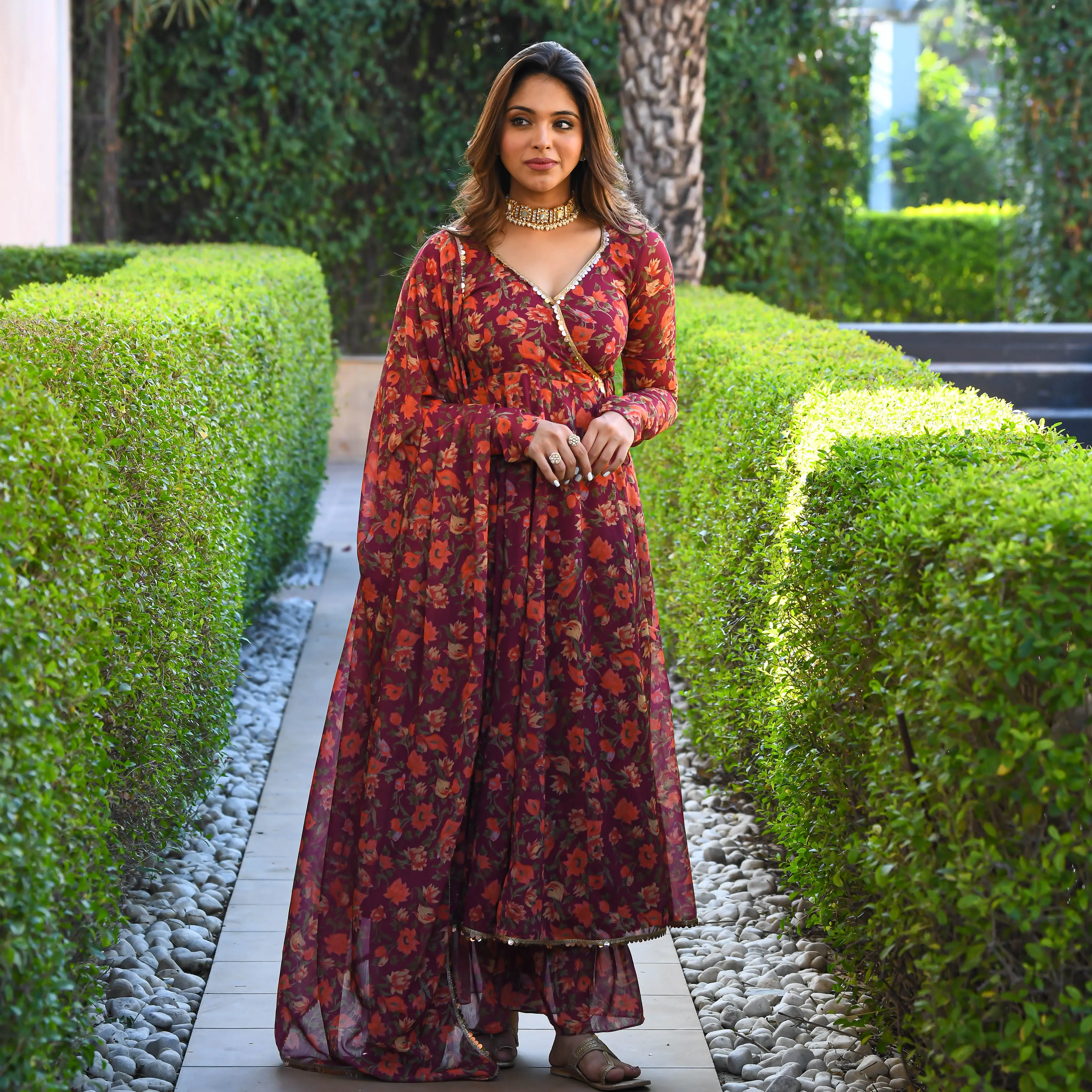 Maroon Floral Print Georgette Salwar Suit