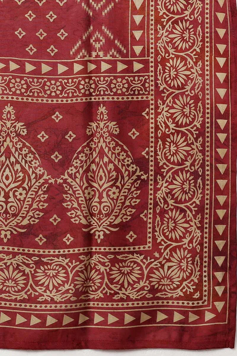 Maroon Silk Blend Abstract Print Embroidered Straight Suit Set