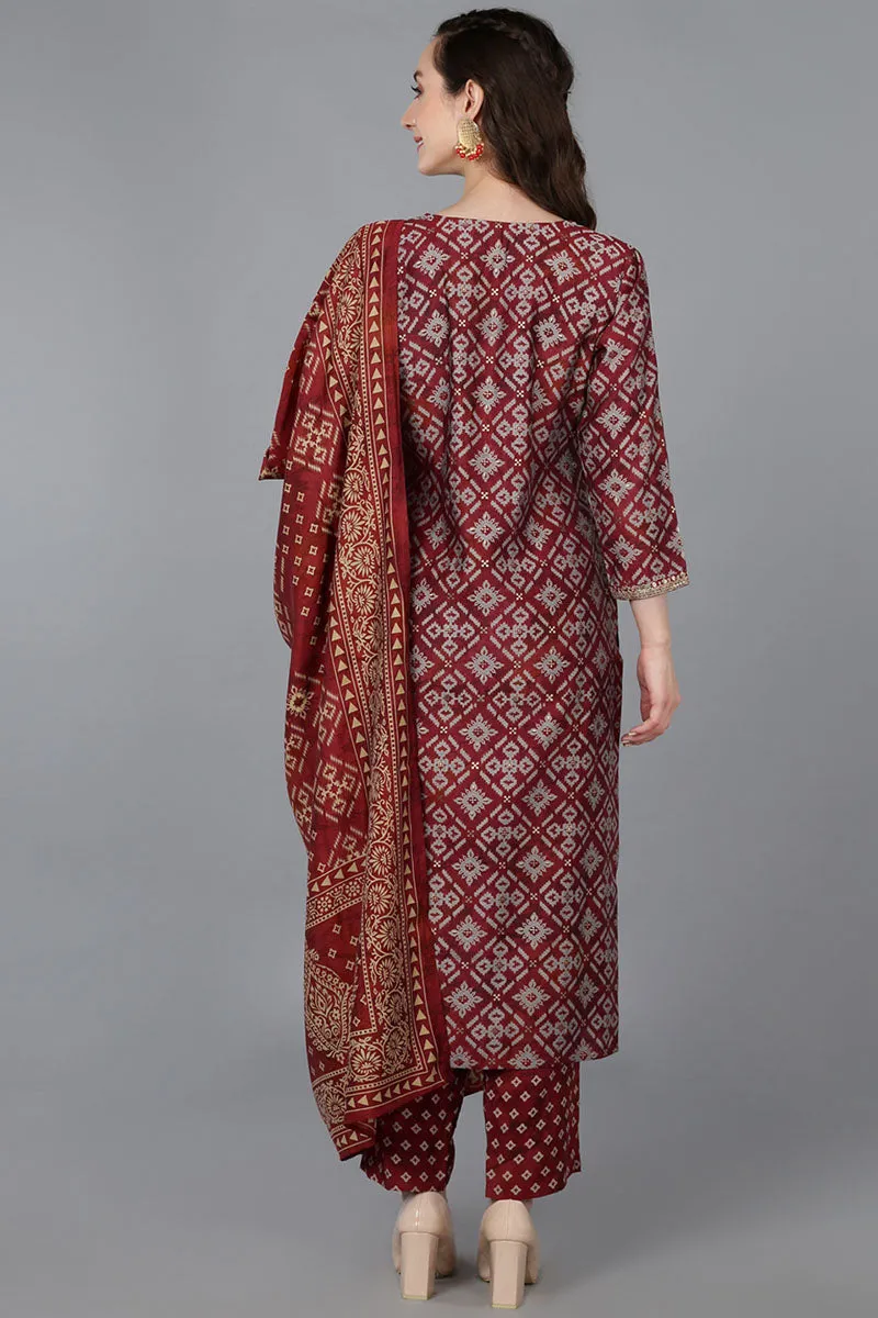 Maroon Silk Blend Abstract Print Embroidered Straight Suit Set