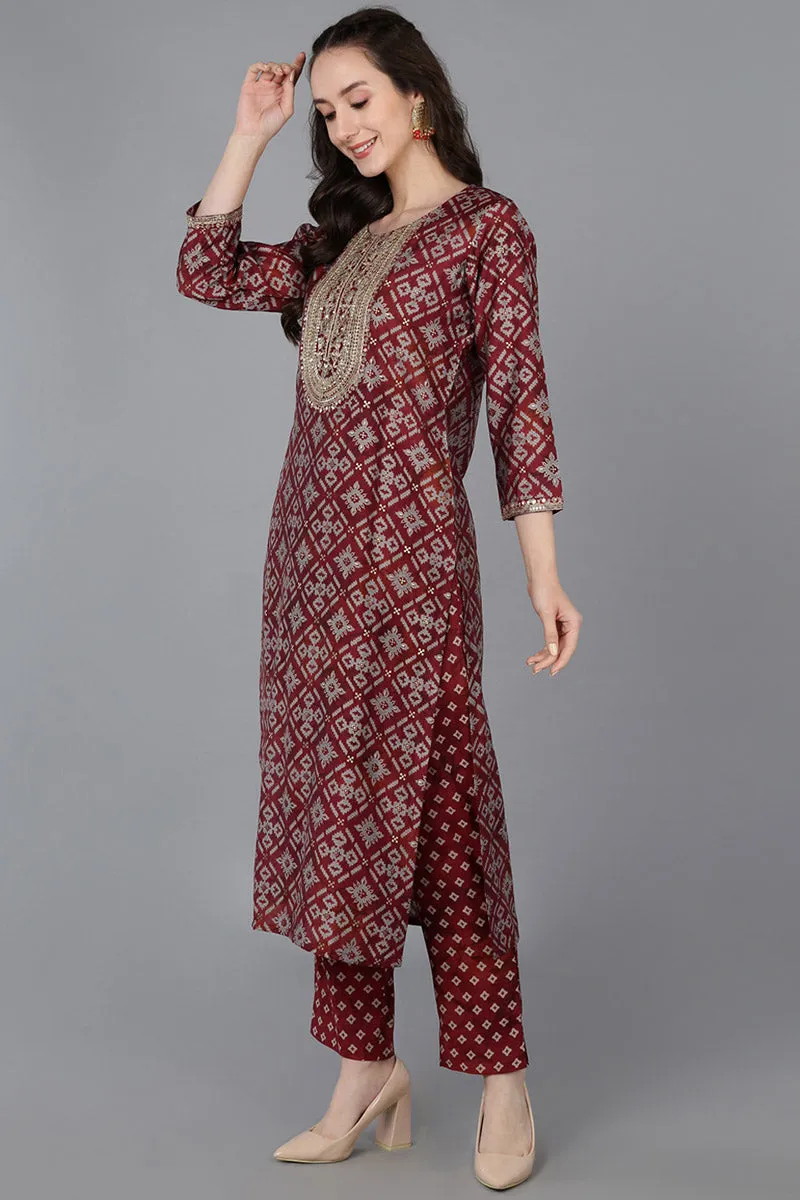 Maroon Silk Blend Abstract Print Embroidered Straight Suit Set