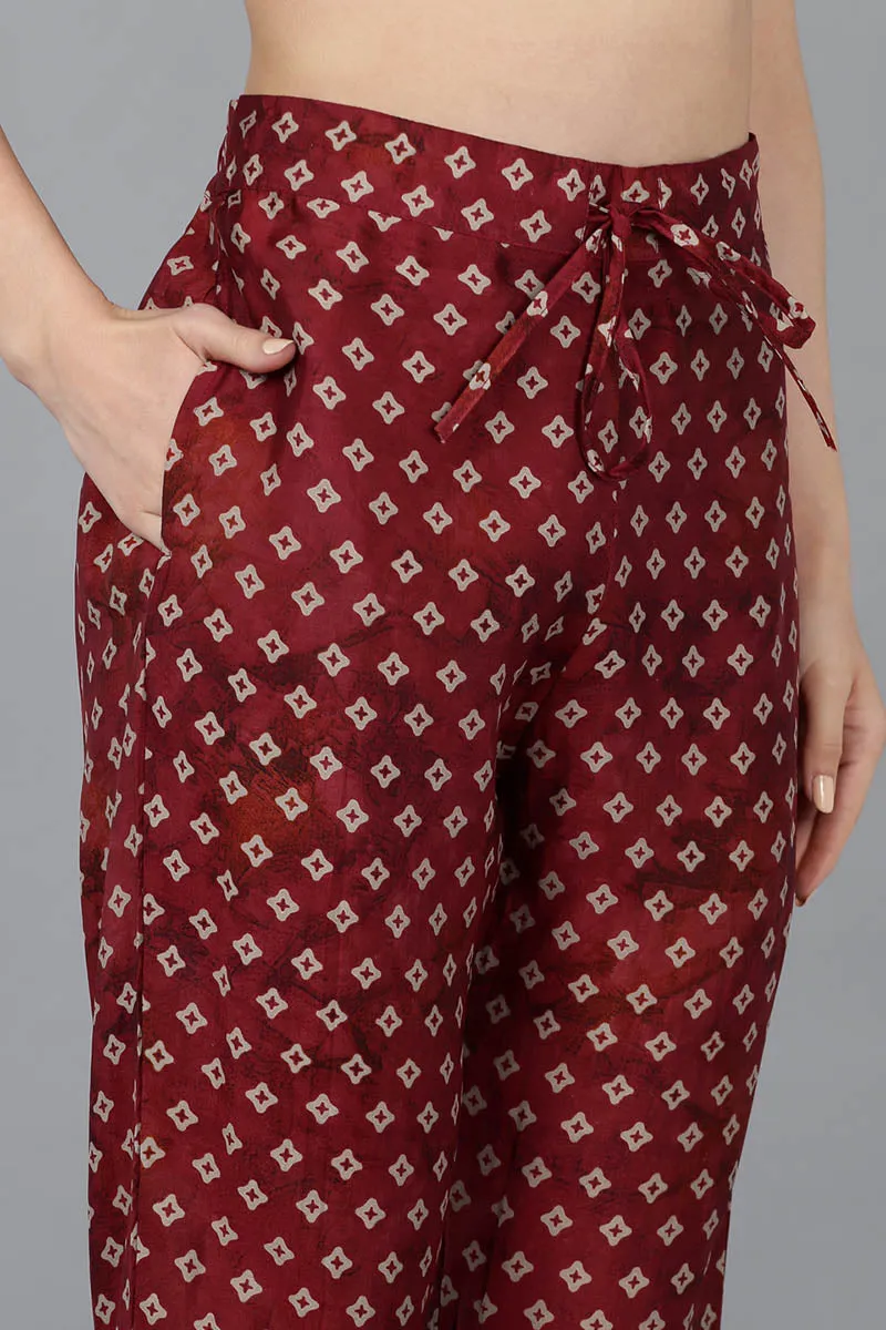 Maroon Silk Blend Abstract Print Embroidered Straight Suit Set