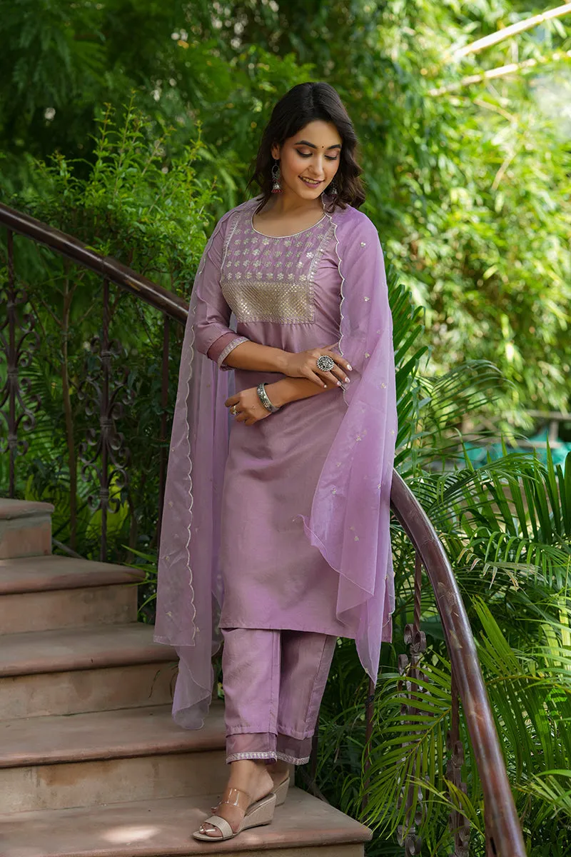 Mauve Poly Silk Solid Sequin Straight Suit Set