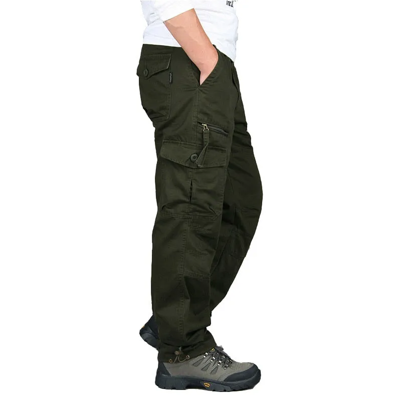 Men Casual Cargo Pants Multi-Pocket Tactical Military Army Straight Loose Trousers Overalls Zipper Pocket Pants