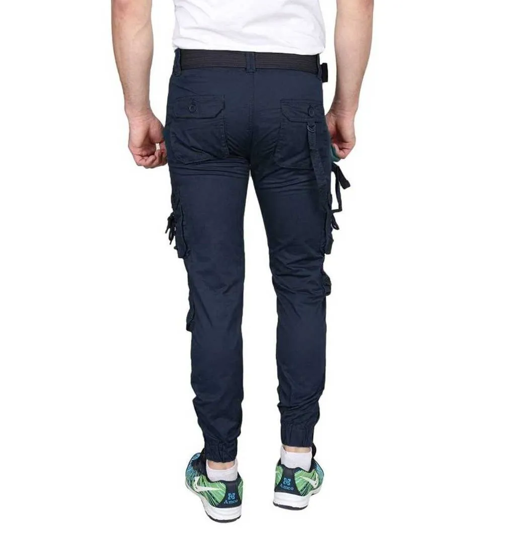 Men's Blue Solid Cotton Dori Style Cargo Pants
