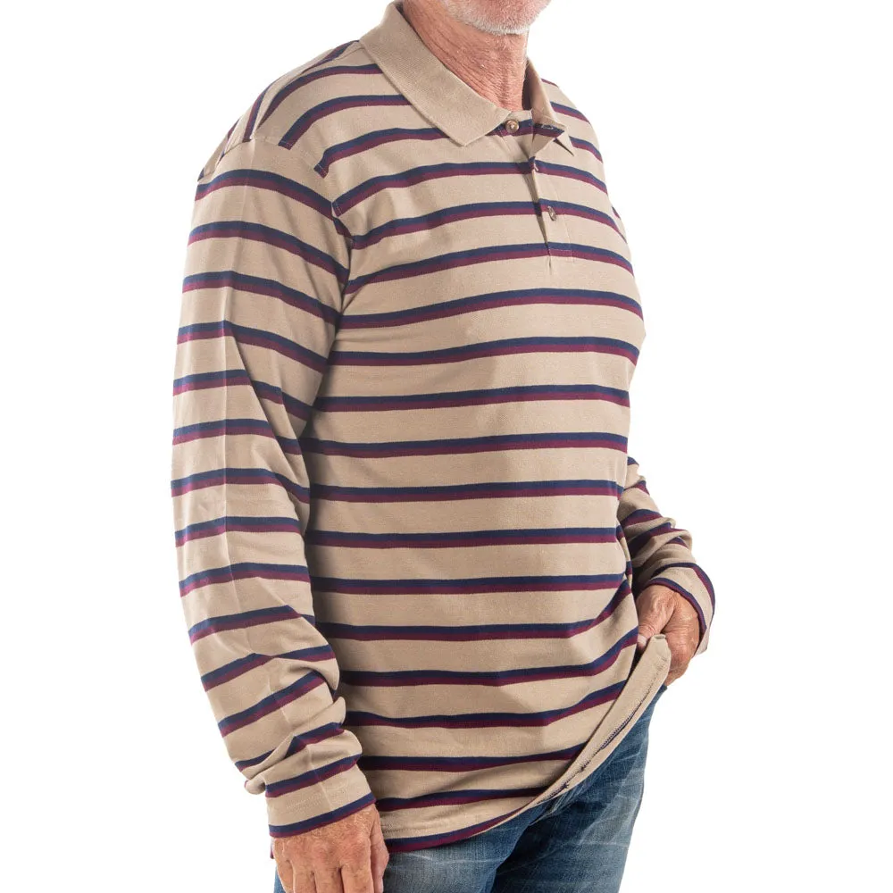 Men's Long Sleeve Khaki Striped Cotton Traders Polo Shirt