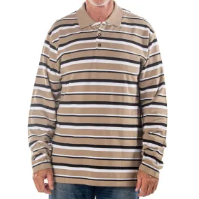 Men's Long Sleeve Khaki Striped Cotton Traders Polo Shirt