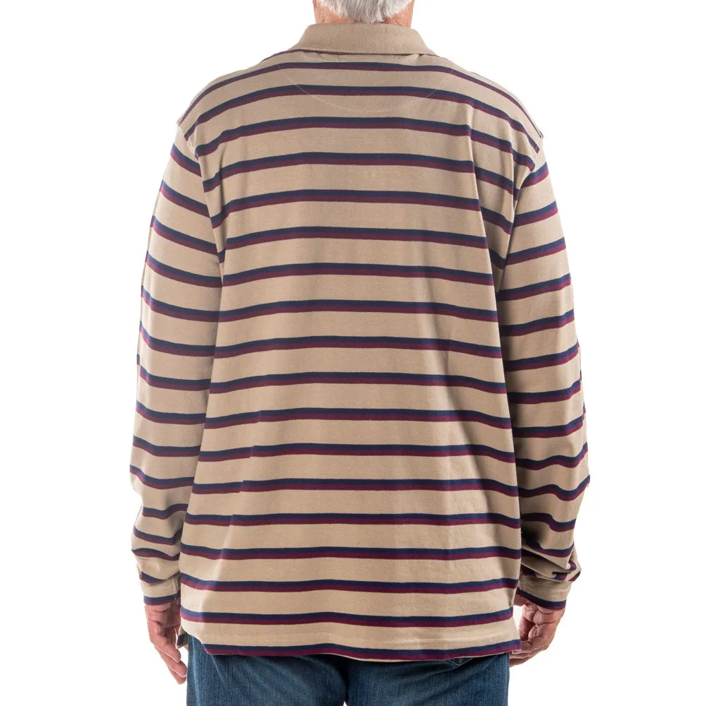 Men's Long Sleeve Khaki Striped Cotton Traders Polo Shirt