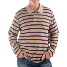 Men's Long Sleeve Khaki Striped Cotton Traders Polo Shirt