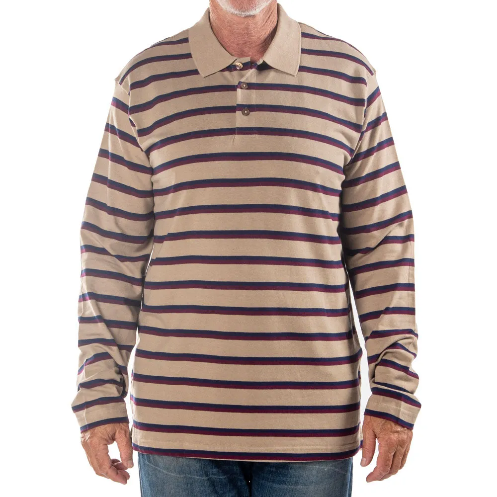 Men's Long Sleeve Khaki Striped Cotton Traders Polo Shirt