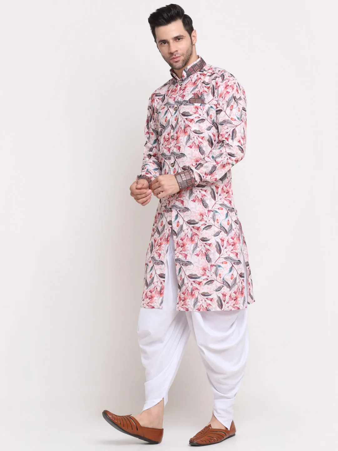 Men's White & Pink Printed Kurta With White Dhoti Pant - Benstoke