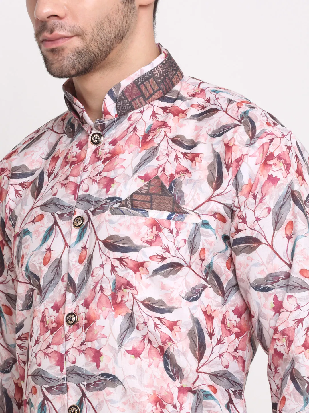 Men's White & Pink Printed Kurta With White Dhoti Pant - Benstoke