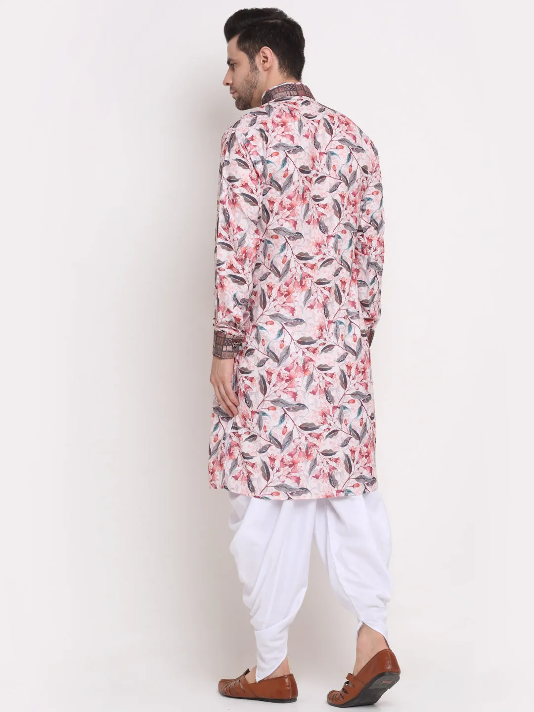 Men's White & Pink Printed Kurta With White Dhoti Pant - Benstoke